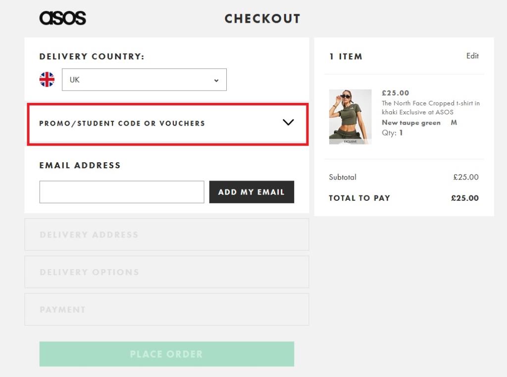 ASOS Checkout page, Promo , studentor vouchers box