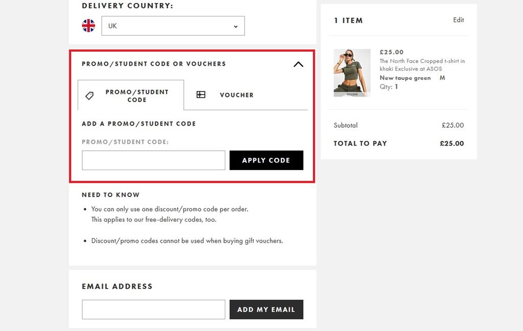 ASOS checkout, place where to paste promo code