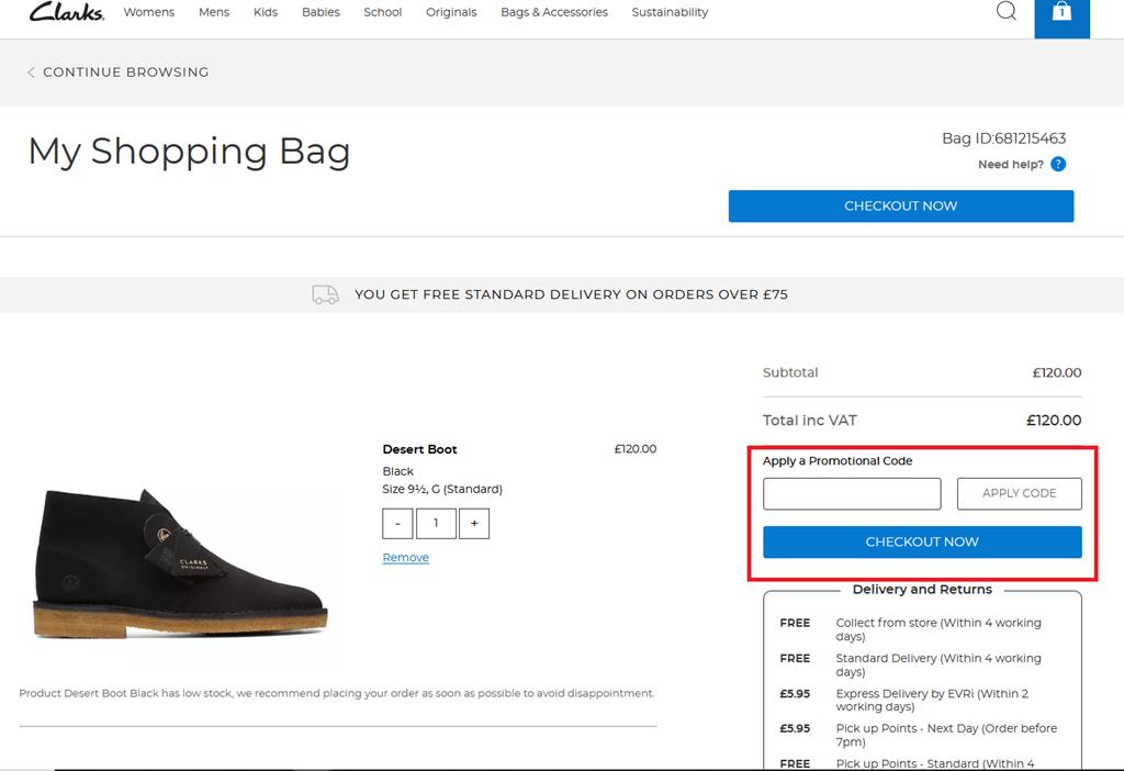Clarks my shopping bag screen and place to paste a promo code.