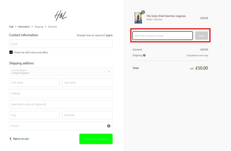 Discount box to paste promo code during checkout